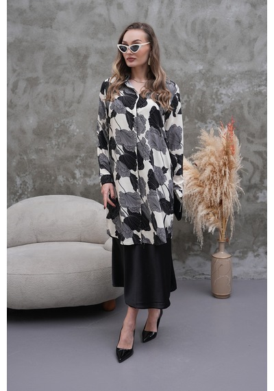 Polologin Butik Siyah Beyaz Yaprak Desenli Gömlek Tunik Siyah & Beyaz