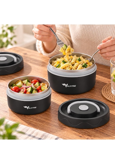 Valkyrie 2 Katlı Taraftar 304 Paslanmaz Çelik Yemek Termosu 420+550 Ml Isı Yalıtımlı Çantalı Siyah