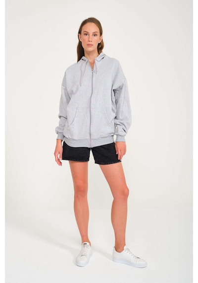Harmandar Baskısız Unisex Gri Cepli Kapüşonlu Fermuarlı Sweatshirt Hırka Gri