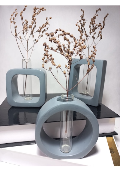Modern Sanat Esintili, Dikdörtgen-kare-yuvarlak Formlu, Cam Tüplü Dekoratif 3'lü Vazo Set Gri