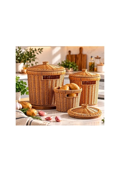 3 Lü Patates Soğan Sarımsak Sepeti Seti Rattan Dekoratif Ve Düzenleyici Kapaklı Sebzelik Sepet Diğer