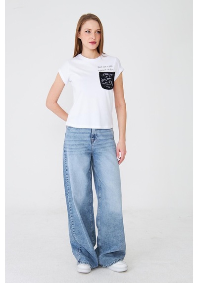 Sortie Collection Dantel Cepli Yazı Baskılı Katlama Kollu Tshirt Ekru Beyaz