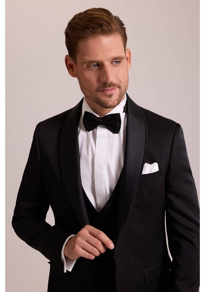 Ysf Erkek Siyah Şal Yaka Yelekli Slim Fit Damatlık