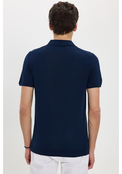 Tudors Erkek Slim Fit Dar Kesim Pamuklu Örme Triko Fermuarlı Lacivert Polo Yaka Tişört-46228