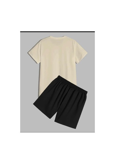 Medinenur Fermuar Ayıcık Desen Baskılı T-shirt Short Bol Paça Rahat Kalıp Siyah Alt Siyah Üst Short Takım Bej