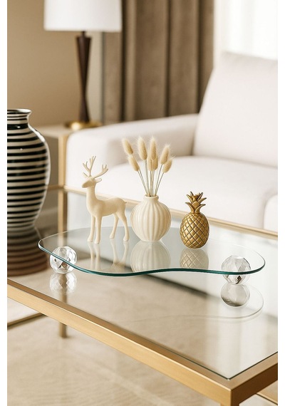 Zentra Home Dekoratif Cam Tepsi Kristal - Elmas Bulut Modeli Top Ayaklı Cam Sunumluk / Organizer Gümüş