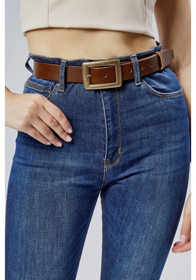 %100 Hakiki Deri Antik Sarı Tokalı Kadın Kemeri 3cm Açık Kahverengi