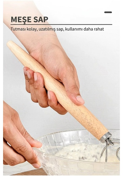 Danimarka Tipi Hamur Çırpıcı - Ahşap Saplı Paslanmaz Çelik Un & Ekşi Maya Karıştırma