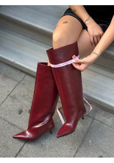 Erva'nın Butiği Bordo Cilt Veray Xl Oversize Kalın Baldır 5 Cm Mini Topuk Çizme-6401