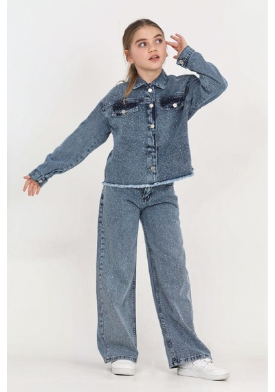 Modanino Kız Çocuk Jean Takım-taş Süslemeli Ceket+pantolon 12452 İndigo