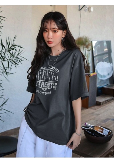 Flood Of Style Kadın Koyu Gri Original Vintage Raw Baskılı Oversize Bisiklet Yaka Tişört