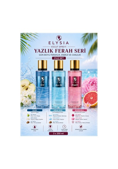 Elysıa Rush & Aqua Kiss & Bomshell 3 Lü Kadın Vücut Spreyi Seti 250 Ml X3 Yazlık Ferah Seri
