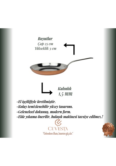Cuvesta El Yapımı Modern Kalın 1.5mm Bakır Gözleme Tavası 25 3cm