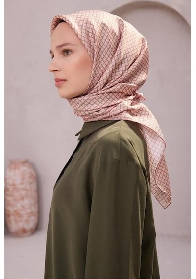Belli Tivil Saf İpek Eşarp 4203 - 07 Pembe Geometrik Desen Siyah