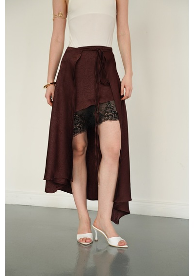 Verymoda Dantel Detaylı Saten Etek D2976 Kahve