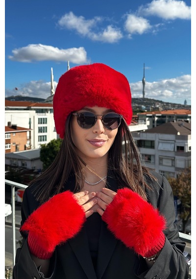 Mollycrush Kadın Kırmızı Kalpak Ve Eldiven Set Kırmızı