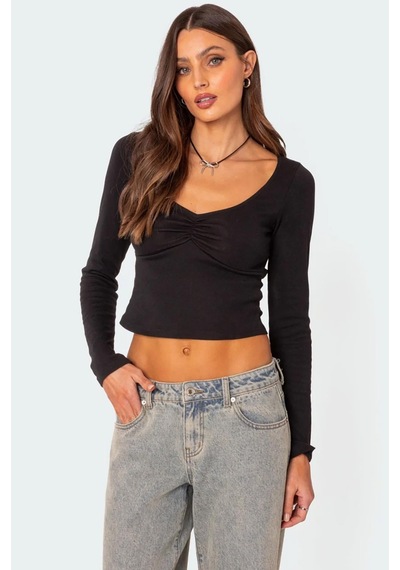 Seeh Siyah Önü Büzgülü Uzun Kollu Kadın Body Sh200