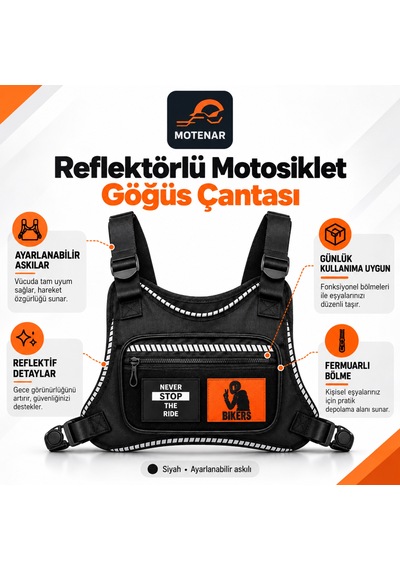 Motenar Reflektörlü Motosiklet Göğüs Çantası Askılı Siyah