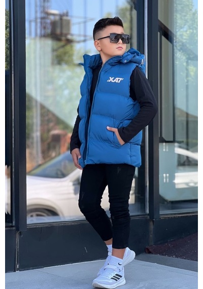 Pina Kids Erkek Çocuk Baskılı Çıkarılabilir Kapüşonlu Şişme Yelek 3017 Mavi