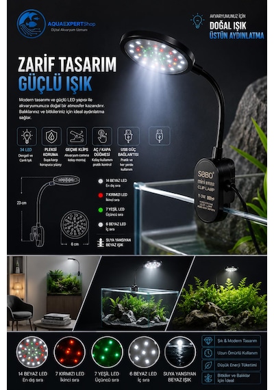 Sobo Usb Akvaryum Işığı - Balık Işığı - Bitki Işığı - 34 Led - Y-3w - Güçlü Aydınlatma - Üstün Performans - 23 Cm - Siyah