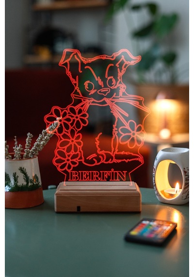 Kişiye Özel 3D Tatlı Köpek Ve Çiçekler Masaüstü Led Lamba