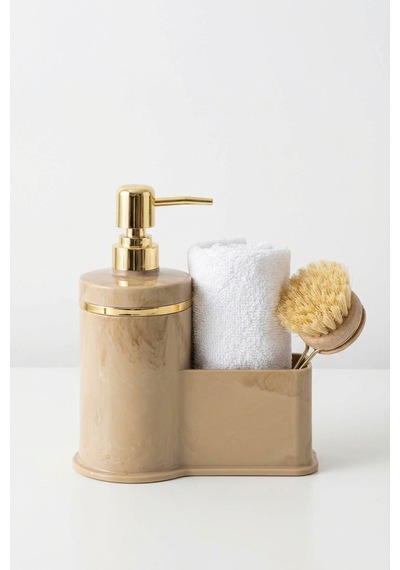Makri Home Mutfak Veya Banyo İçin Şık Altın Rengi Detaylı Süngerlikli Sıvı Sabunluk , Yerli Üretim Bej