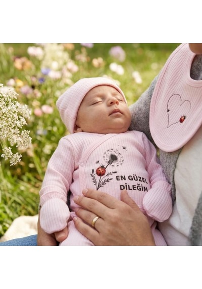 Lexroo %100 Pamuk Yenidoğan Bebek Hastane Çıkış Seti En Güzel Dileğim Yazılı Pembe 5'li Bebek Takımı