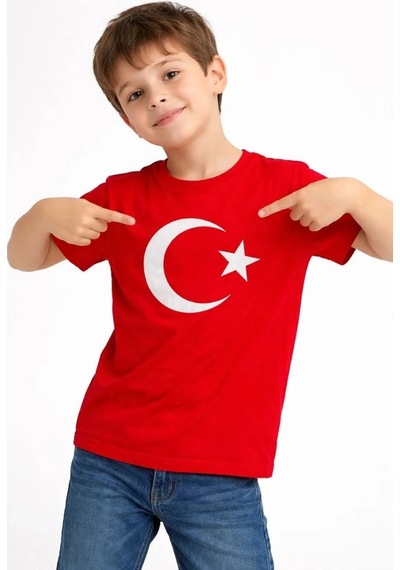 Mzpkartan Erkek Çocuk Tişört Bisiklet Yaka Ay Yıldız Bayrak Baskılı T-shirt - Kırmızı