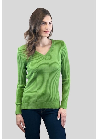 Miss Poem Kadın V Yaka Slim Fit Fitilli Uzun Kışlık Ekru Triko Kazak Yeşil