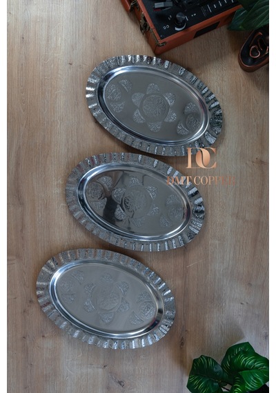 430 Kalite Krom Çelik Çirtikli Kayık 3 Adet Servis Tabağı 35 Cm İskender, Kebap, Pilav Ve Salata Sunum Tabağı Gümüş