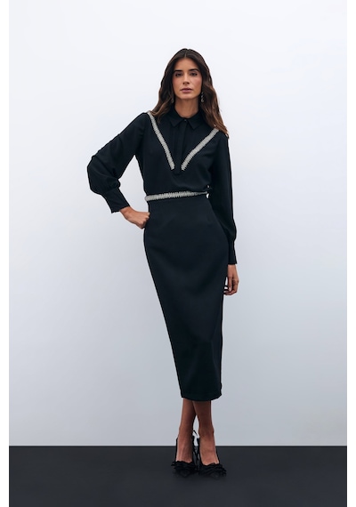 Sateen Bel Aksesuarlı Midi Etek - Siyah-135584 Siyah