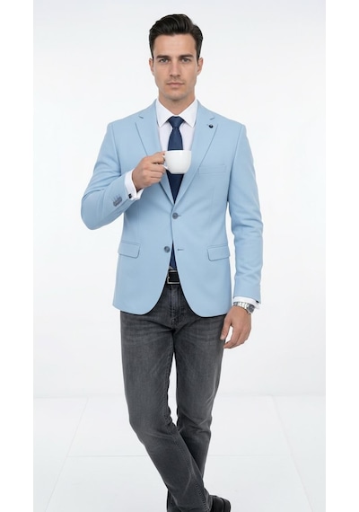 Plus Scorpion Ck 142 Slim Fit Mikro Desenli Erkek Ceket Yazlık Pike Kumaş Çift Yırtmaç Blazer Mavi