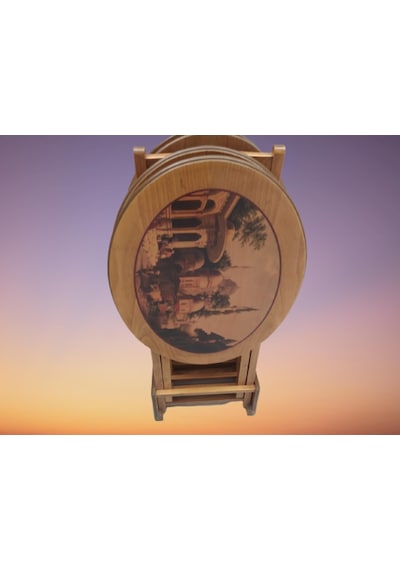 Zigon Sehpa Çanta Çiçek Motif Oval Kayın Torna Ayak Itinalı Paket