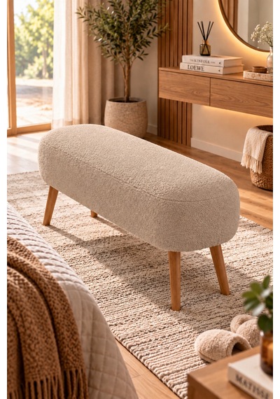 Lona Bukle Kumaş Modern Bench Puf Çok Amaçlı Yatak Ucu Ve Antre Bankı Krem