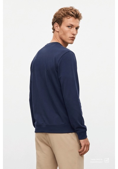 UCLA Machado Lacivert Bisiklet Yaka Gofre Baskılı Yumuşak Dokulu Modal Kumaş Standard Fit Erkek Sweatshirt