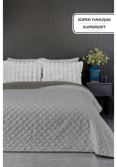 Premium Peluş Çift Kişilik Çok Amaçlı Yatak Örtüsü 200x220 Çift Taraflı Battaniye Pike Gri / Vizon