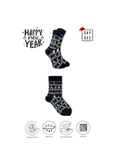 Saysez Bambu Renkli Desenli Yılbaşı Çorabı Unisex Hediyelik Çorap Çok Renkli