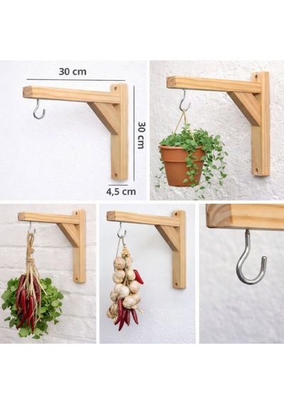 Doğal Ahşap Duvara Montaj Askı Aparatı Balkon & Bahçe İçin Dekoratif Saksı Askısı 30 Cm Bej