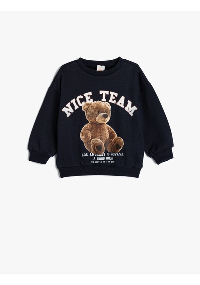 Koton Sweatshirt Uzun Kollu Ayıcık Baskılı Şardonlu Bisiklet Yaka Lacivert 5wmg10125ak