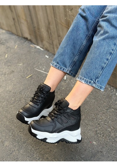 Erva'nın Butiği Siyah Cilt Celly Gizli Topuk Dolgu Topuk 7 Cm Boy Uzatan Sneakers-6476