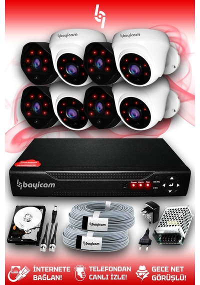 Bayicam 8 Kameralı Uzay 4 İç Kamera Set 320 GB HDD Full HD Gece Görüşlü Güvenlik Kamerası Sistemi