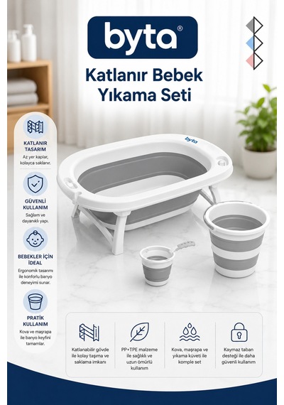 Katlanır Bebek Banyo Seti 3'lü Küvet, Kova Ve Maşrapa, Portatif Ve Yer Tasarruflu, Gri Beyaz