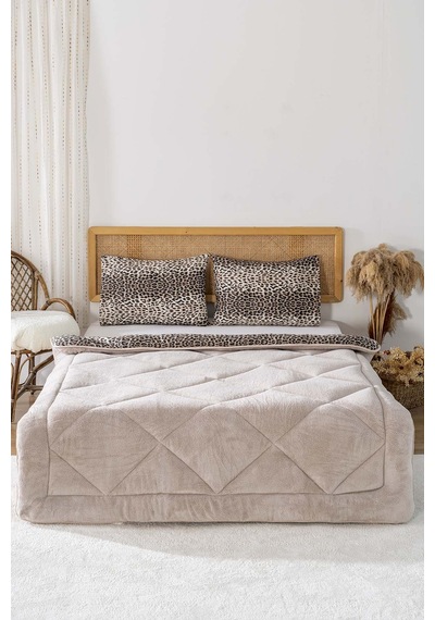 Rivaistanbul Bej Leopar Loura Çift Kişilik Çift Taraflı Lüx Wellsoft Yorgan Seti 195x215 Cm Bej