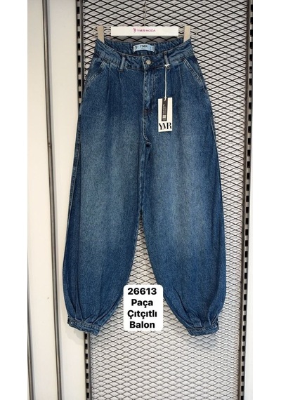 Ymr Moda Mavi Paça Çıtçıt Detaylı Salaş Kadın Jeans Kot Pantolon 26613-24/32