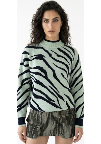 Neden Tekstil Kadın Premium Dik Yaka Zebra Desenli Triko Kazak - Mint-laci