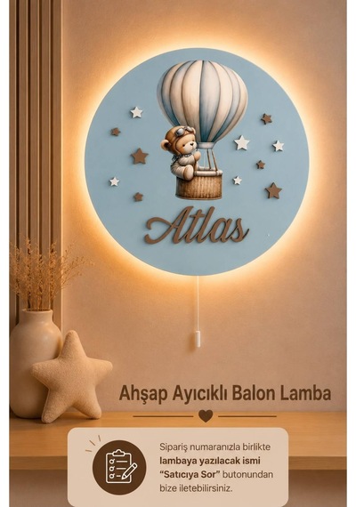 Ahşap Kapadokya Balon Lamba İsme Özel Pilli Ledli Gece Lambası Bebek Çocuk Odası Mavi