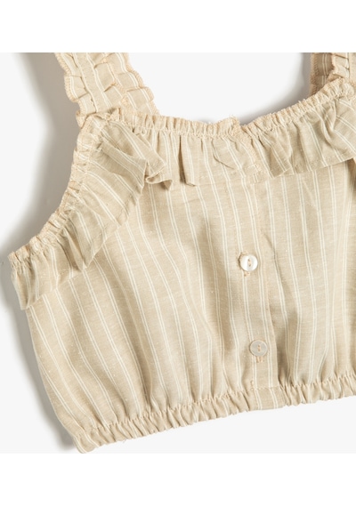 Koton Crop Bluz Askılı Fırfırlı Düğmeli Bej Çizgili 3skg60041aw 3SKG60041AW0S5 Ekru
