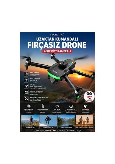 Fırçasız Motorlu Katlanabilir Kamera Drone 480p Çift Kamera, Wifi Fpv, 360 Engel Algılama, 2 Batarya Beyaz