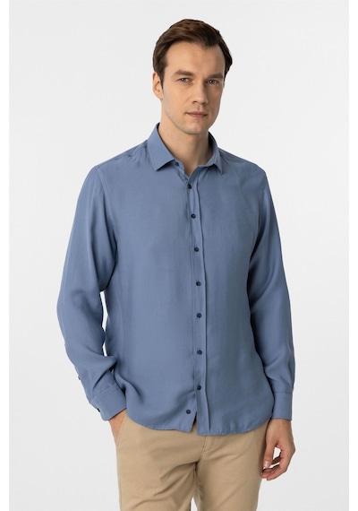Süvari Mavi Slim Fit Düz Klasik Yaka Gömlek-34098 Mavi