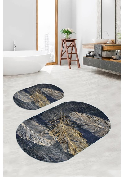 Buççin Online Mağaza Dijital Baskılı Kaymaz Taban Yıkanabilir Oval Banyo Paspası 2'li Klozet Takımı Polyester Çok Renkli